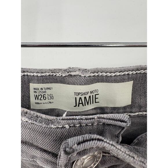 2/$30 TOPSHOP Jamie Moto Gray Jeans Size W26 Skinny Jeans Stretch Distress Knee - Picture 4 of 8